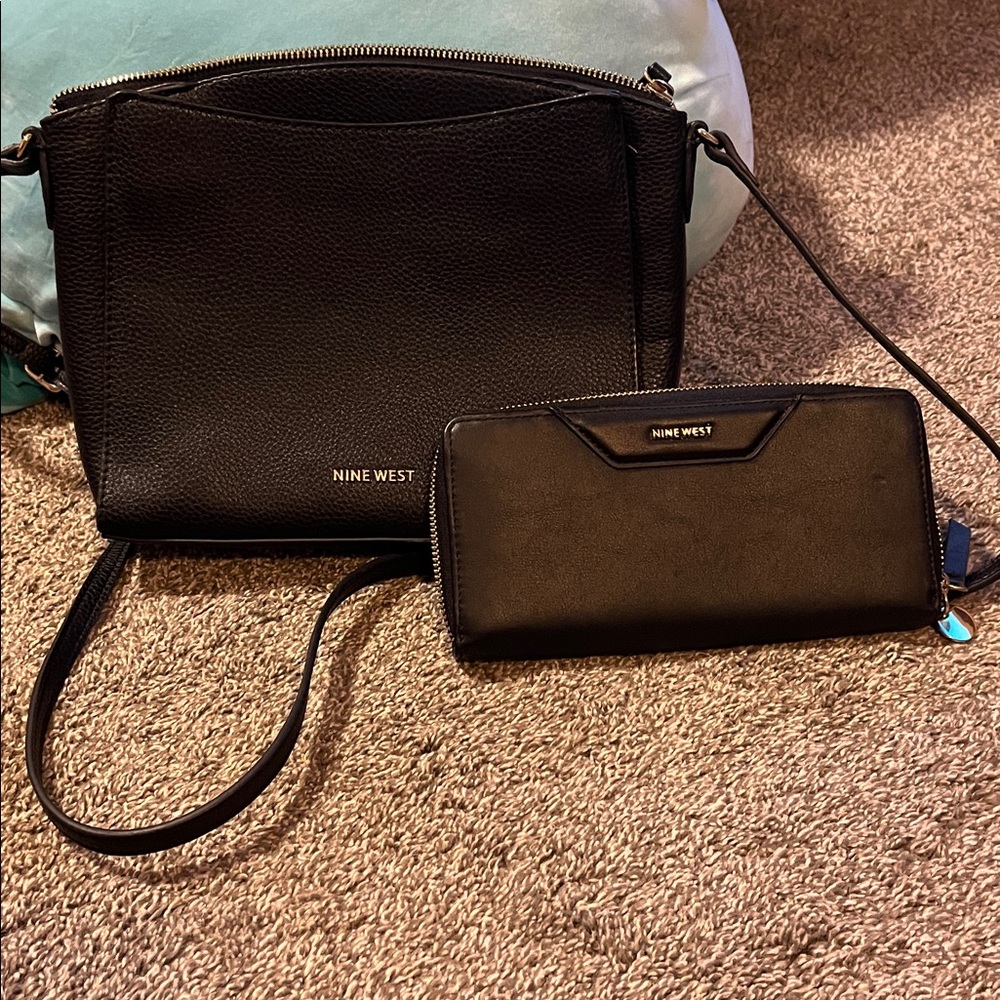 Nine West Black Textured Crossbody Bag and Nine West Wallet. Like new Condition.